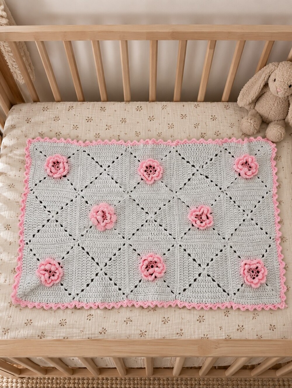 Handmade Pink & White Crochet Baby Blanket With Flower Appliques
